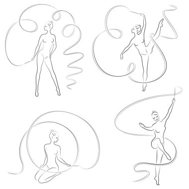 Koleksiyon. Ritmik jimnastik. Kurdeleli bir kızın silueti. Güzel jimnastikçi. Kadın ince ve genç. Vektör illüstrasyon seti.