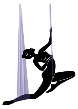 Sinek yogası. Hamakta yoga. Spor, meditasyon için giden ince bir kızın silueti. Sağlığın için iyi. Vektör çizimi