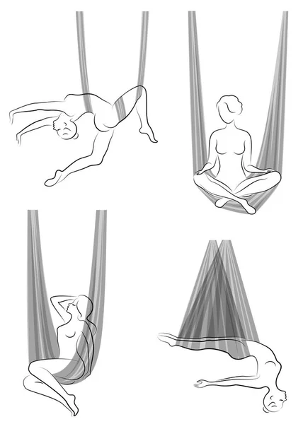 Sammlung. Fliegenyoga. Yoga in der Hängematte. Silhouette eines schlanken Mädchens, das Sport treibt, Meditation. gut für Ihre Gesundheit. Vektor-Abbildung, gesetzt — Stockvektor