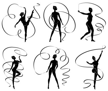 Koleksiyon. Ritmik jimnastik. Kurdeleli bir kızın silueti. Güzel jimnastikçi. Kadın ince ve genç. Vektör illüstrasyon seti