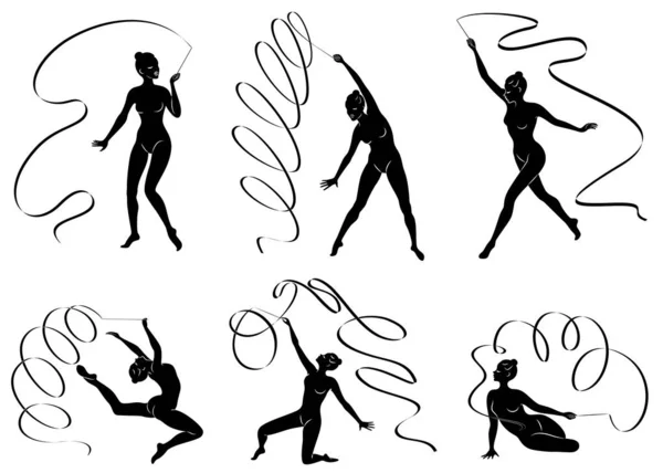 Colección. Gimnasia rítmica. La silueta de una chica con una cinta. Hermosa gimnasta. La mujer es delgada y joven. Juego de ilustración vectorial . — Vector de stock