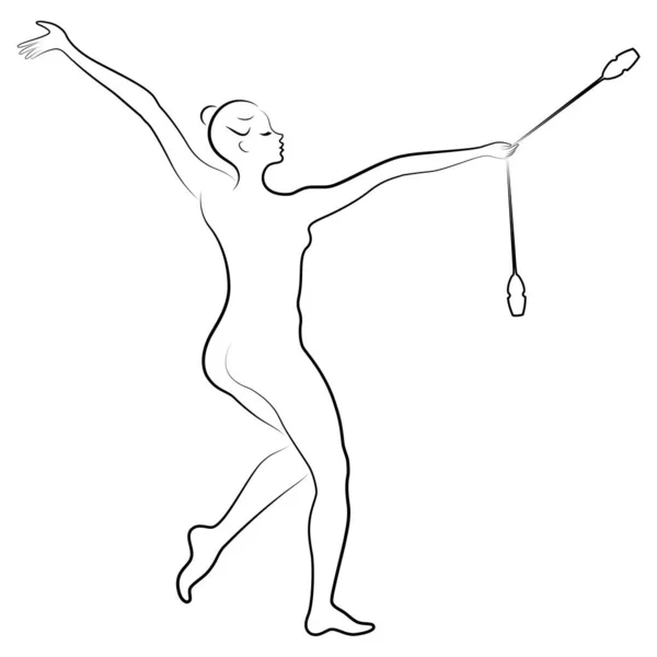 Rhythmische Sportgymnastik. Silhouette eines Mädchens mit Kolben. Großer Turner. Die Frau ist schlank und jung. Vektorillustration — Stockvektor