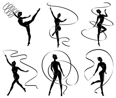 Koleksiyon. Ritmik jimnastik. Kurdeleli bir kızın silueti. Güzel jimnastikçi. Kadın ince ve genç. Vektör illüstrasyon seti