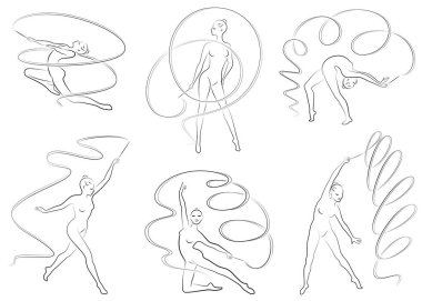 Koleksiyon. Ritmik jimnastik. Kurdeleli bir kızın silueti. Güzel jimnastikçi. Kadın ince ve genç. Vektör illüstrasyon seti