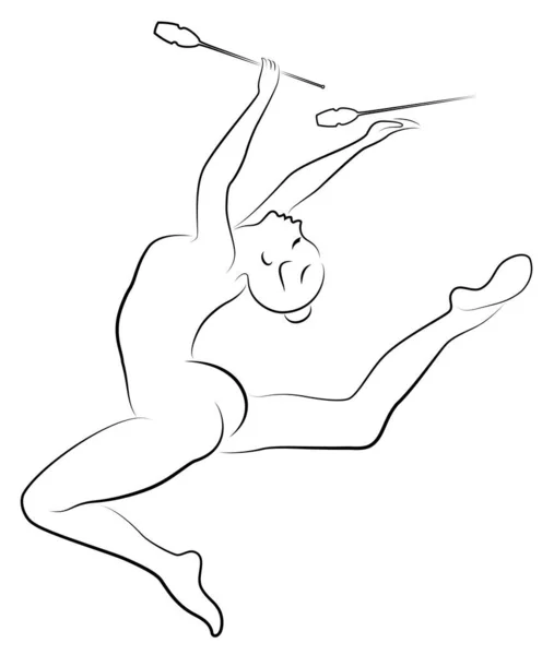 Ginnastica ritmica. La silhouette di una ragazza con le mazze. Gran ginnasta. La donna è magra e giovane. Illustrazione vettoriale — Vettoriale Stock
