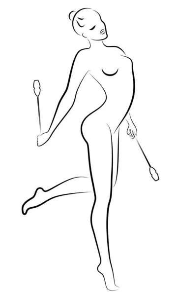 Ginnastica ritmica. La silhouette di una ragazza con le mazze. Gran ginnasta. La donna è magra e giovane. Illustrazione vettoriale . — Vettoriale Stock