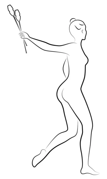 Ritmische gymnastiek. Silhouet van een meisje met knotsen. Geweldige turnster. De vrouw is slank en jong. Vectorillustratie. — Stockvector