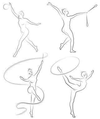 Tahsilat. Ritmik jimnastik. Topuzlu, topuzlu, kurdeleli, çemberli bir kızın silueti. Güzel jimnastikçi. Kadın zayıf ve genç biri. Bir kümenin vektör illüstrasyonu