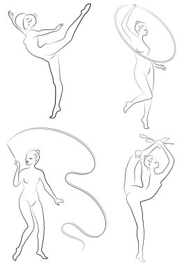 Tahsilat. Ritmik jimnastik. Topuzlu, topuzlu, kurdeleli, çemberli bir kızın silueti. Güzel jimnastikçi. Kadın zayıf ve genç biri. Bir kümenin vektör illüstrasyonu