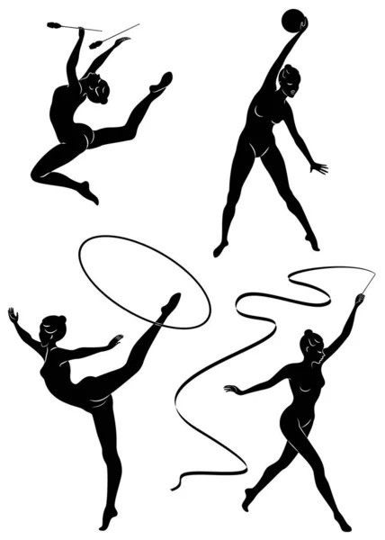 Colección. Gimnasia rítmica. La silueta de una chica con mazas, pelota, cinta, aro. Hermosa gimnasta. La mujer es delgada y joven. Ilustración vectorial de un conjunto — Vector de stock