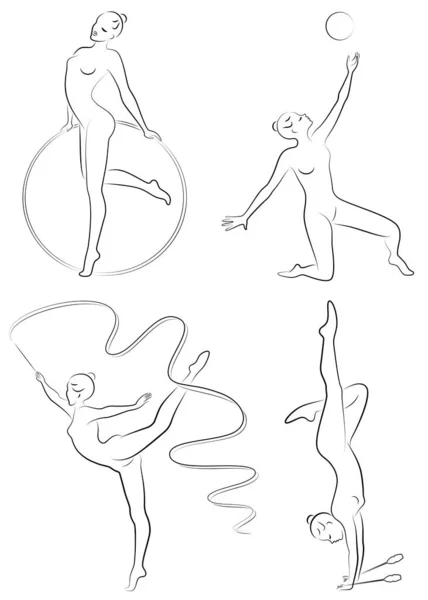 Collectie. Ritmische gymnastiek. Silhouet van een meisje met knotsen, bal, lint, hoepel. Mooie turnster. De vrouw is slank en jong. Vector illustratie van een verzameling — Stockvector