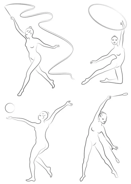 Collectie. Ritmische gymnastiek. Silhouet van een meisje met knotsen, bal, lint, hoepel. Mooie turnster. De vrouw is slank en jong. Vector illustratie van een verzameling — Stockvector