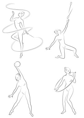 Tahsilat. Ritmik jimnastik. Topuzlu, topuzlu, kurdeleli, çemberli bir kızın silueti. Güzel jimnastikçi. Kadın zayıf ve genç biri. Bir kümenin vektör illüstrasyonu.