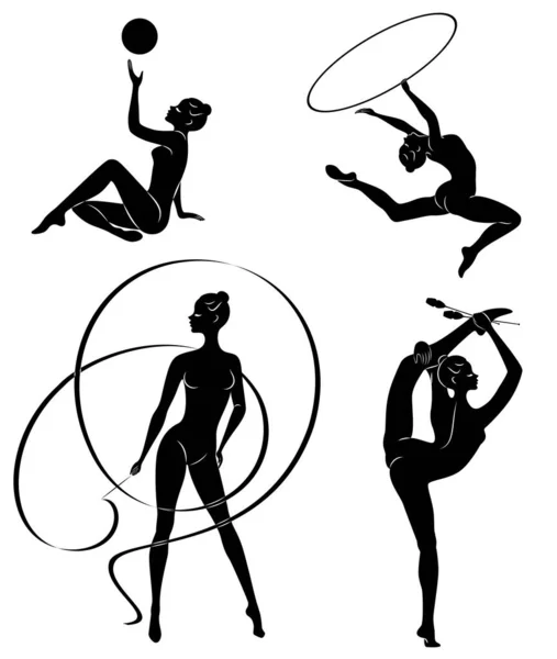 Colección. Gimnasia rítmica. La silueta de una chica con mazas, pelota, cinta, aro. Hermosa gimnasta. La mujer es delgada y joven. Ilustración vectorial de un conjunto . — Vector de stock