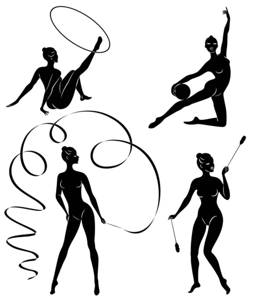 Colección. Gimnasia rítmica. La silueta de una chica con mazas, pelota, cinta, aro. Hermosa gimnasta. La mujer es delgada y joven. Ilustración vectorial de un conjunto . — Vector de stock