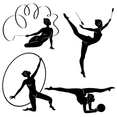 Tahsilat. Ritmik jimnastik. Topuzlu, topuzlu, kurdeleli, çemberli bir kızın silueti. Güzel jimnastikçi. Kadın zayıf ve genç biri. Bir kümenin vektör illüstrasyonu.