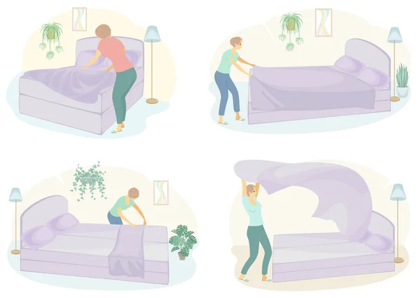 Tahsilat. Şirin bir bayanın profili. Kız odadaki yatağı yapıyor. Kadın iyi bir eş ve düzenli bir ev hanımı. Bir kümenin vektör illüstrasyonu.