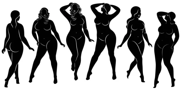 Vector Illustratie Van Overgewicht Vrouw Silhouetten Zwart Wit Verschillende Houdingen — Stockvector