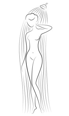 Tatlı bir genç bayanın silueti. Kız duşta yıkanır. Kadının zayıf ve güzel bir vücudu var. Vektör illüstrasyonu.