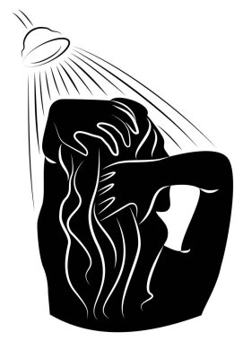 Güzel bir genç bayanın silueti. Kız duş suyunun altında yıkanır. Saçını şampuanla yıkayan bir kadın. Vektör illüstrasyonu.