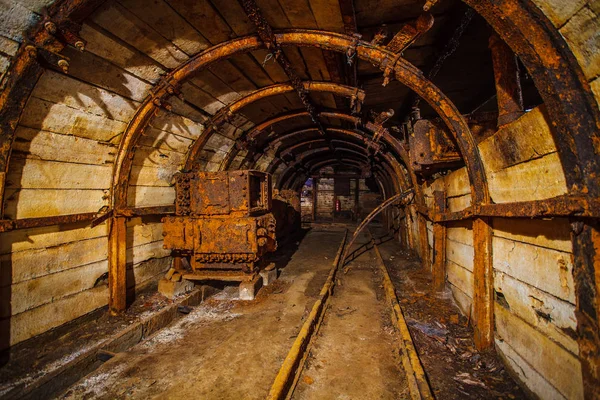 Underground mining tunnel with rails. Abandoned coal mine. Tunnels and passages in a coal mine.
