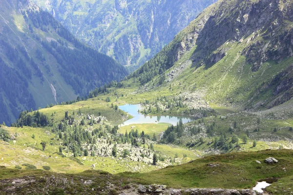 Panorama de montañas con bosques y un lago —  Fotos de Stock