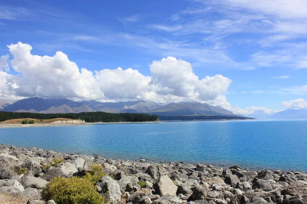 Côte du lac pukaki par une journée ensoleillée — Photo