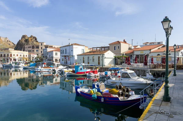 Abril 2019 Myrina Ilha Lemnos Grécia Vista Para Pitoresco Porto — Fotografia de Stock