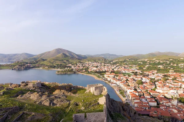 Wspaniały Widok Wioskę Myrina Wyspę Lemnos Grecję Widziany Starej Twierdzy Obraz Stockowy