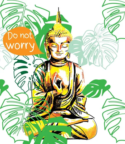 Stylish Print Buddha Worry Everything Fine Poster Multicolored Drawing Yoga — Stock Vector