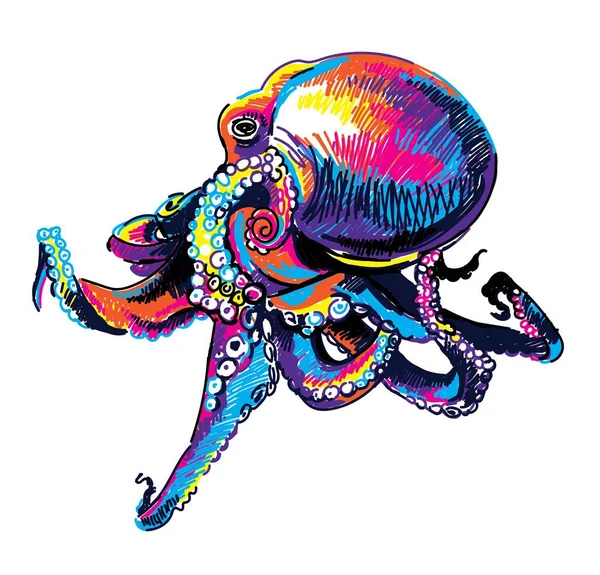 Pulpo Dibujo Multicolor Arte Pop Estampado Verano Marcadores Imaginados — Archivo Imágenes Vectoriales