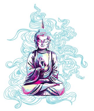 Buda. Çok renkli şık desen. Buda çapraz bacaklı oturuyor. Yoga, Nirvana baskı.