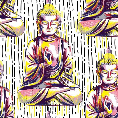 Buda kusursuz desen. Budizm, yoga. Şekil işaretleri. Pop Art. Parlak baskı, renkli noktalar. Serbest çizim.