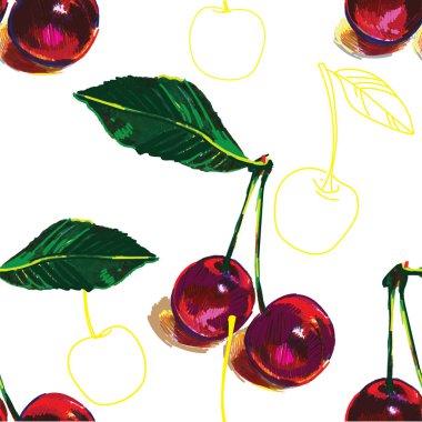 Olgun kiraz ile dikişsiz desen. Pop art tarzında şık çok renkli desen.