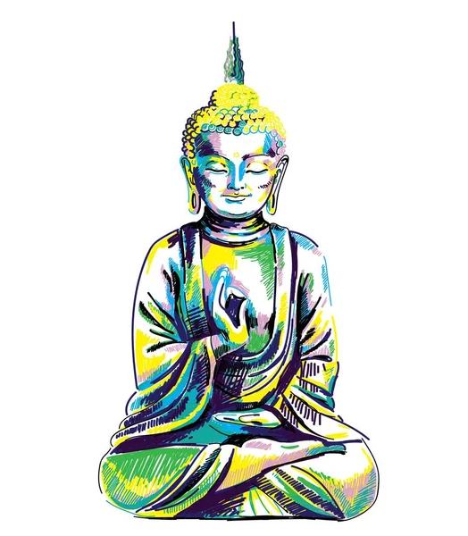 Buda. Çok renkli şık desen. Buda çapraz bacaklı oturuyor. Yoga, Nirvana baskı.