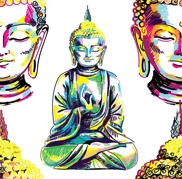 Buddha Nahtlose Muster Buddhismus Yoga Zahlenmarkierungen Pop Art Heller Druck — Stockvektor