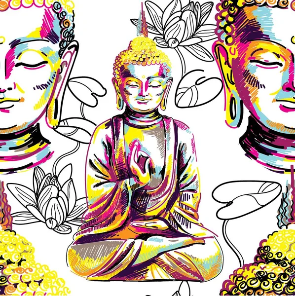 Buddha Nahtlose Muster Buddhismus Yoga Zahlenmarkierungen Pop Art Heller Druck — Stockvektor