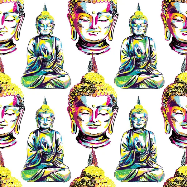 Patrón Sin Costuras Buda Budismo Yoga Marcadores Figura Arte Pop — Vector de stock