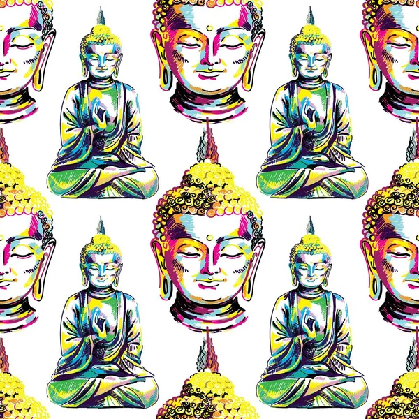 Boeddha Naadloze Patroon Boeddhisme Yoga Figuur Markeringen Pop Art Heldere — Stockvector