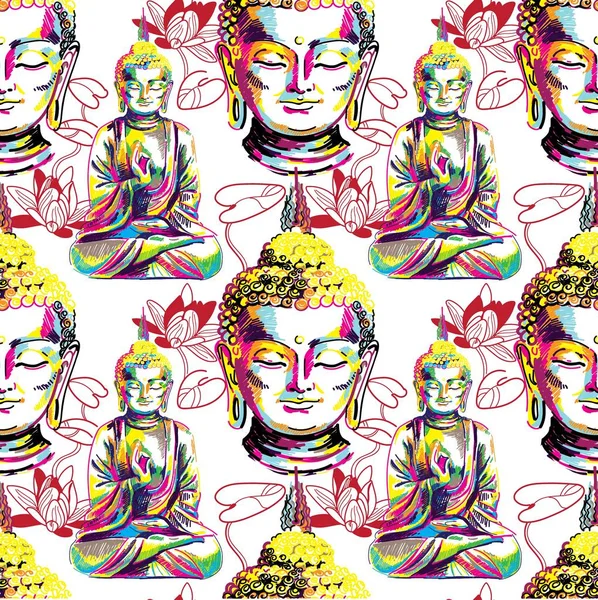 Buddha Nahtlose Muster Buddhismus Yoga Zahlenmarkierungen Pop Art Heller Druck — Stockvektor