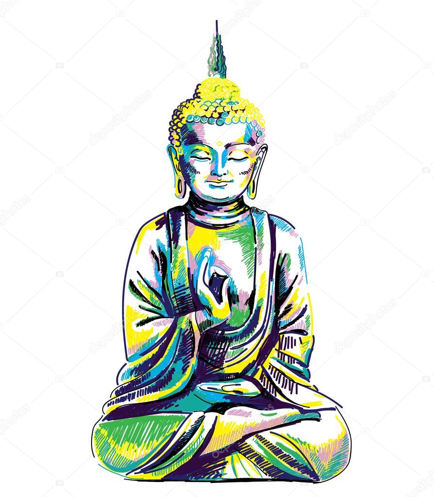 Buddha. Multicolored stylish pattern. Buddha sitting cross-legged. Yoga, Nirvana print.
