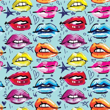 Kadın dudakları ile dikişsiz desen. Makyaj, kozmetik. Çok güzel gülümsüyor. Çok renkli dudaklar, kadın deseni. Çizim işaretleri, pop art.