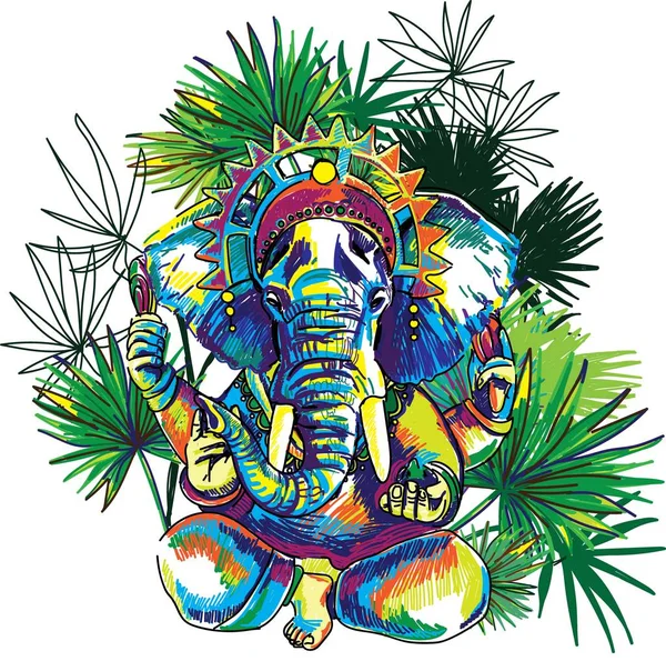 Deus Ganesh Esboço Elegante Multicolorido Cabeça Elefante Impressão Nirvana Ioga —  Vetores de Stock