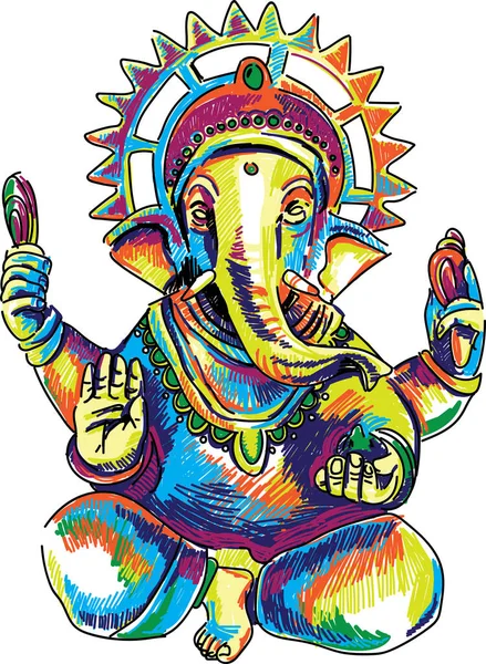 Dios Ganesh Dibujo Con Estilo Multicolor Cabeza Elefante Huella Del — Vector de stock