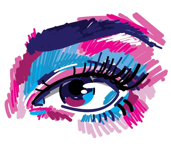 Kadınların Gözleri Şaretleyicilerle Çok Renkli Çizim Uzun Kirpik Nazik Bakış — Stok Vektör