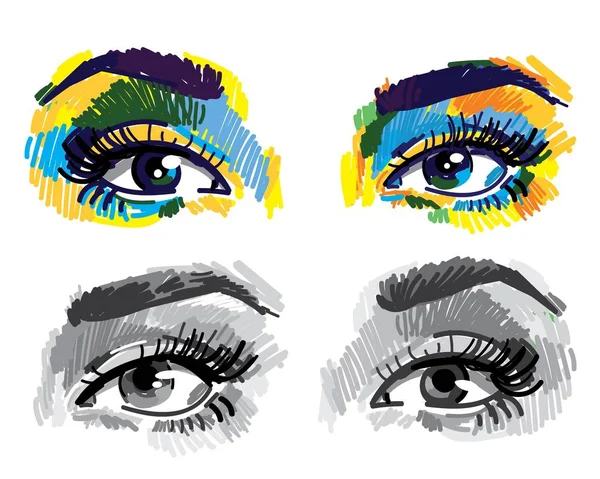 Conjunto Imágenes Ojos Femeninos Dibujo Multicolor Con Marcadores Pestaña Larga — Archivo Imágenes Vectoriales