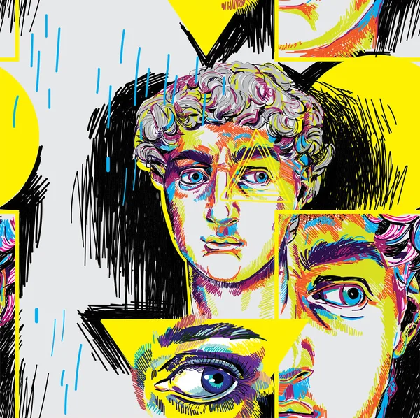 Yunan heykelleri ile dikişsiz desen. Erkeklerin yüzleri. Şık renkli arka plan. pop art, modern antik.
