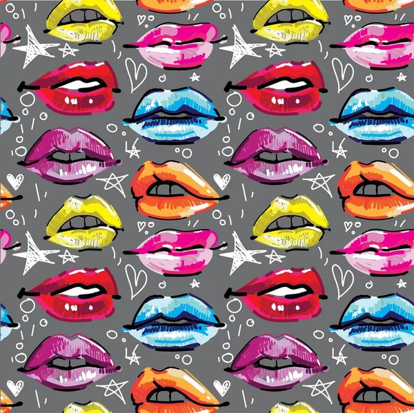 女性の唇とシームレスなパターン 化粧品 化粧品 素敵な笑顔 多色の唇 女性のパターン描画マーカー ポップアート — ストックベクタ