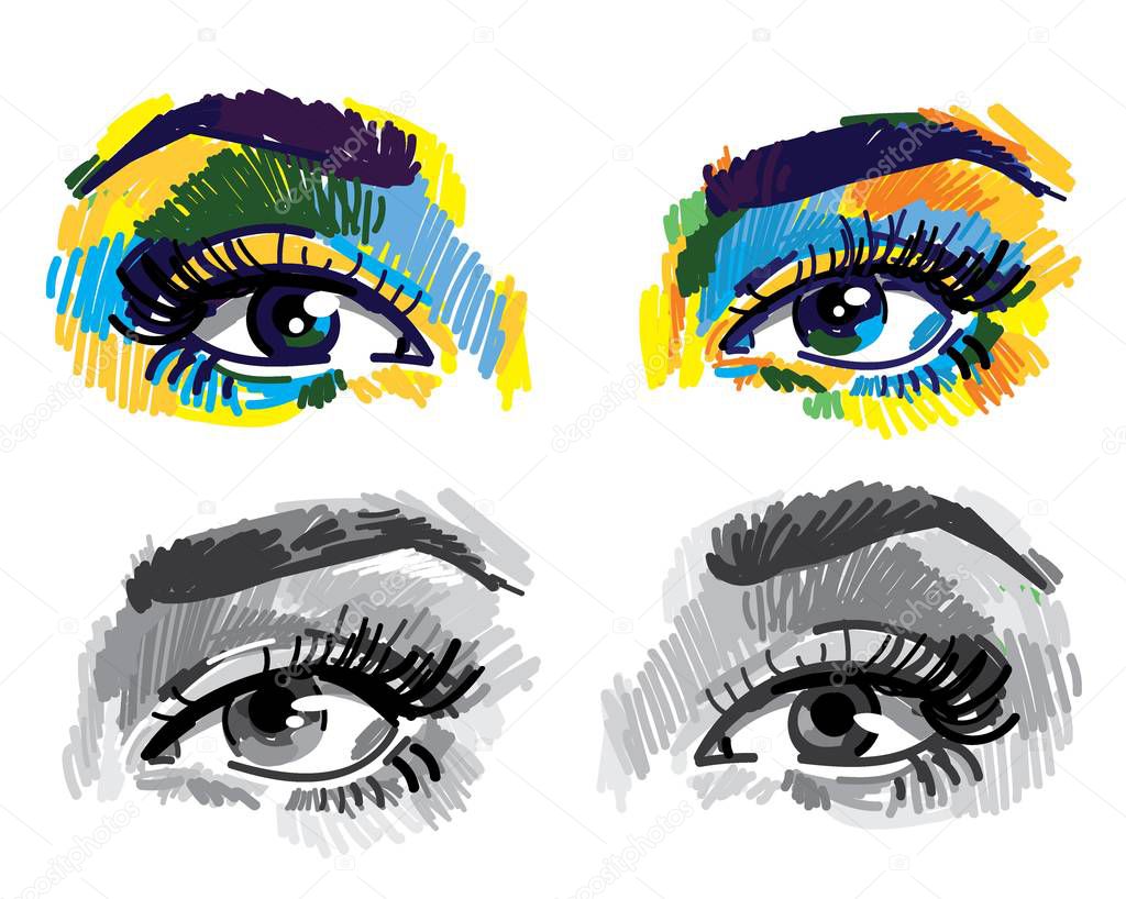 A set of images of female eyes. Multicolored drawing with markers. Long eyelash, gentle look. Freehand drawing.