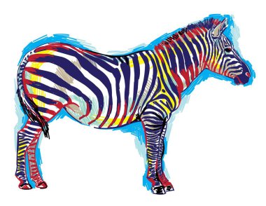 Zebra desen işaretleri. Pop Art. Parlak baskı, renkli noktalar. Serbest çizim. Zebra tam büyüme.
